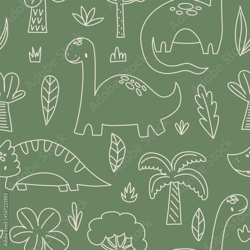 Seamless pattern with funny dinosaurs and tropical plants. Hand drawn vector doodles for girls, boys, kids. Hand drawn childish pattern for fashion clothes, shirt, fabric