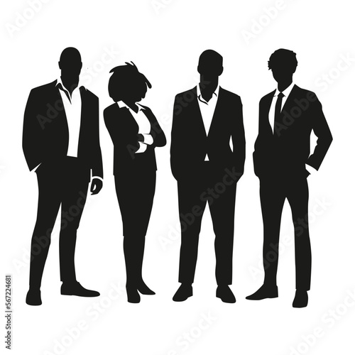 Set of vector silhouettes of men and women, group of business people standing, black color isolated on white background
