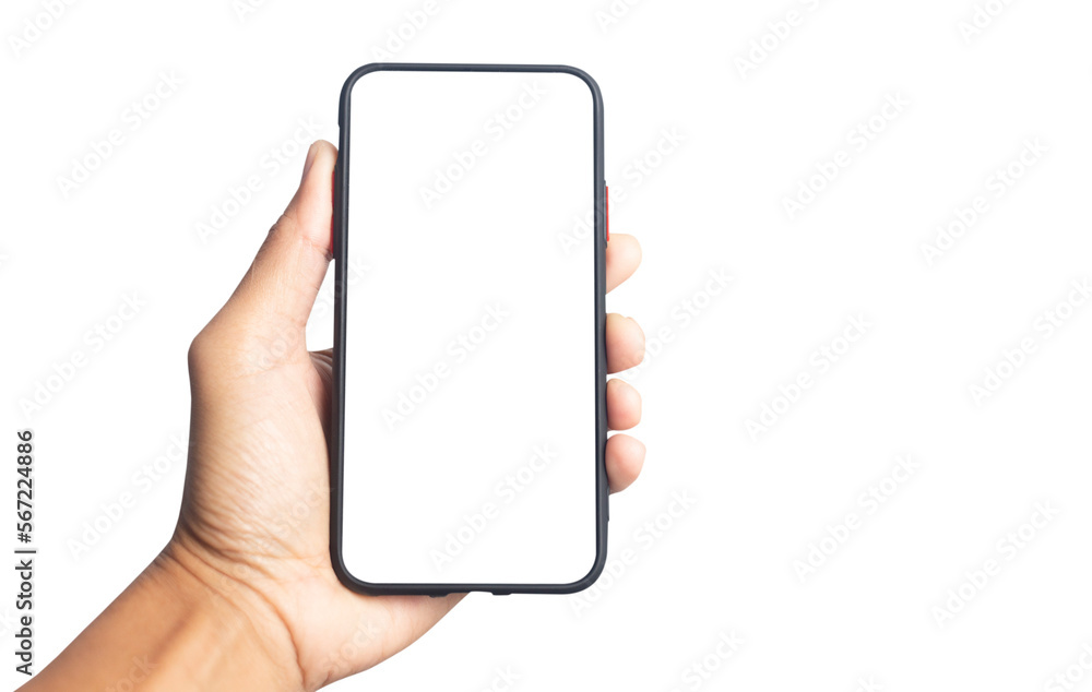 Hand holding black smartphone with white screen mockup and isolated on transparent background  , PNG file smartphone frameless application design concept. - obrazy, fototapety, plakaty 