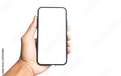 Hand holding black smartphone with white screen mockup and isolated on transparent background  , PNG file smartphone frameless application design concept.