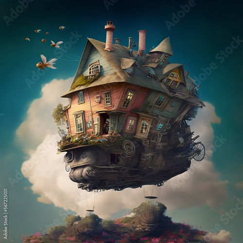 A flying house with clouds in the background.
 photo