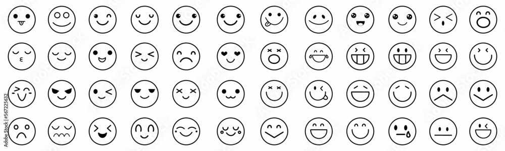 Big set of emoticon smile icons. Cartoon emoji set. Vector emoticon set with black color Big set of emoticon smile icons. Cartoon emoji set. Vector emoticon set with black color