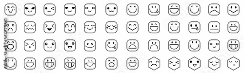 Big set of emoticon smile icons. Cartoon emoji set. Vector emoticon set with hexagonal and ovale black color