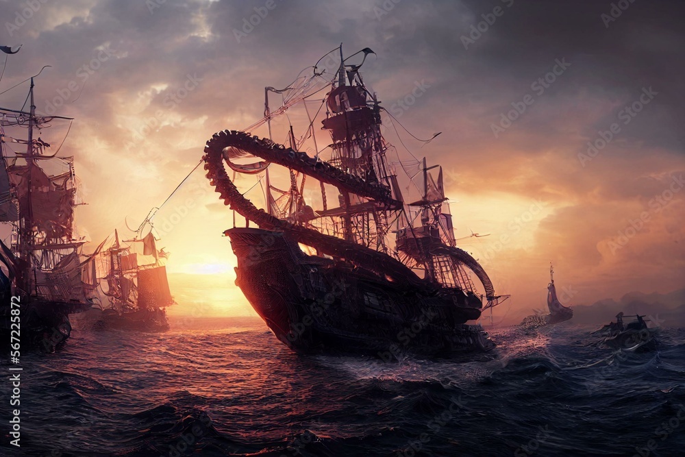 Giant octopus rises in front of a pirate ship. Ai Generated ...