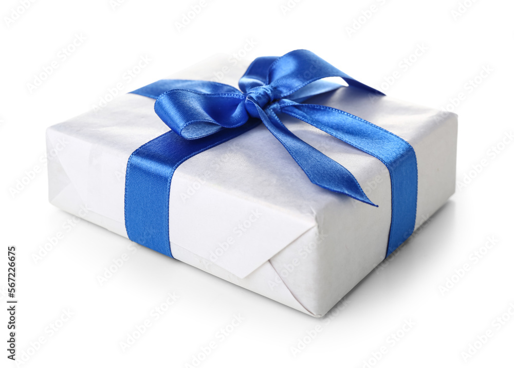 Gift box with blue bow on white background. International Women's Day celebration Gift box with blue bow on white background. International Women's Day celebration