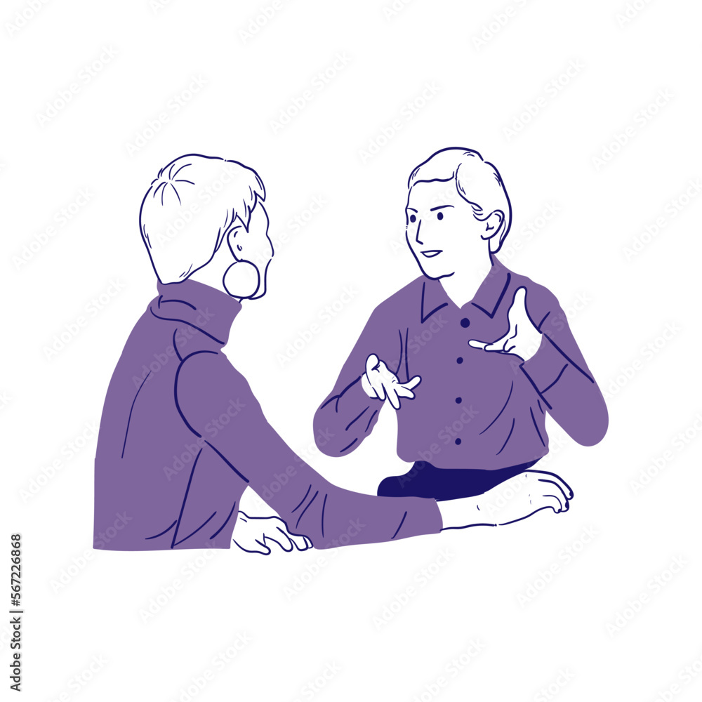 minimalistic hand drawn illustration of two women having a discussion about work minimalistic hand drawn illustration of two women having a discussion about work