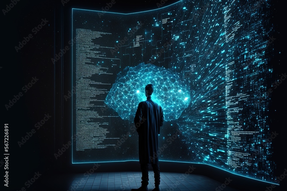 Fototapeta premium Big data technology and data science. Data scientist querying, analysing and visualizing complex data set on virtual screen. Data flow concept. Business analytics, finance, neural network, AI, ML