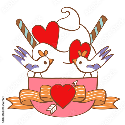 Sweet whipped cream mug love birds couple Valentine's day illustration