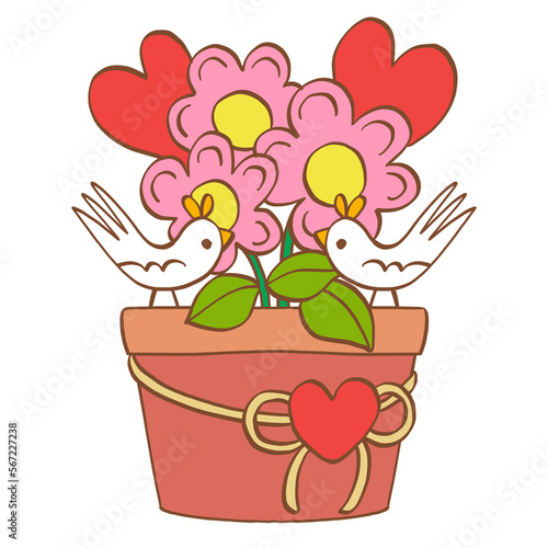 flower pot love birds couple Valentine's day illustration