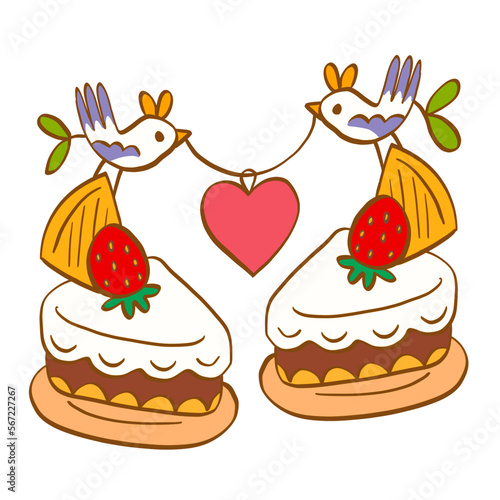 Strawberry shortcake love birds couple Valentine's day illustration