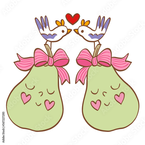 Pair of pear love birds couple Valentine's day illustration