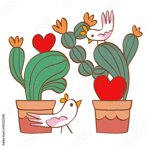 Cactus succulent plant pot love birds couple Valentine's day illustration