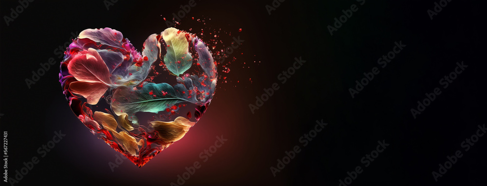 Valentine's Day Heart with Color Flow of Feathers, Rose Petals and Leaves, Copy space for text | Generative Art
Valentine's Day Heart with Color Flow of Feathers, Rose Petals and Leaves, Copy space for text | Generative Art