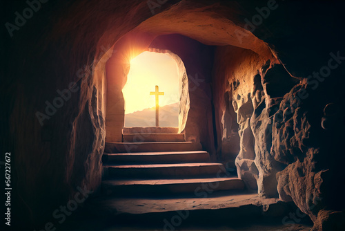 Fotobehang Easter. Empty tomb of Jesus with crosses At Sunrise.