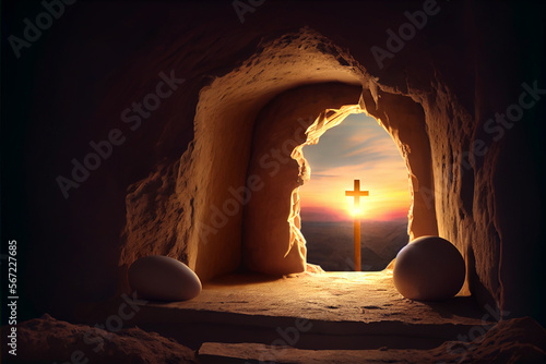 Easter. Empty tomb of Jesus with crosses At Sunrise.