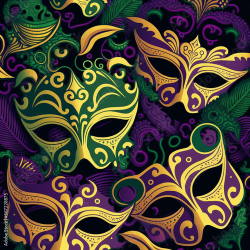 Venetian Carnival Mask Pattern Illustration, Mardi Gras, Fat Tuesday, Generative AI