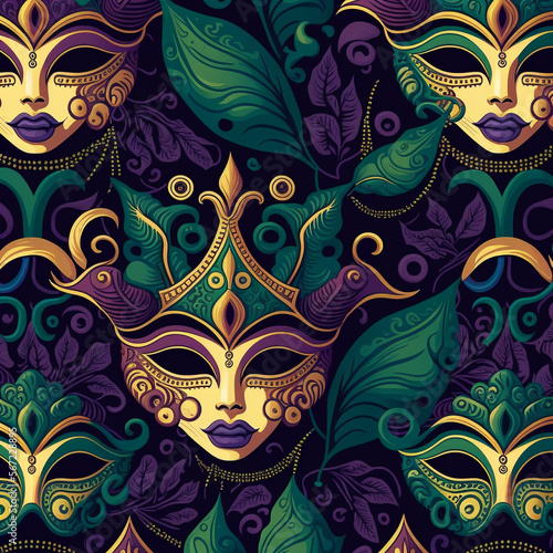 Venetian Carnival Mask Pattern Illustration, Mardi Gras, Fat Tuesday, Generative AI