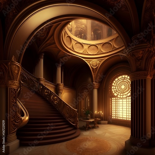 Fantasy palace interior with golden decor. Generative AI illustrations. © Divyesh