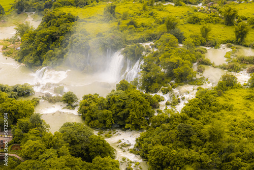 Fototapeta Naklejka Na Ścianę i Meble -  Aerial close up horizontal image of the Detian Ban Gioc waterfall in Guangxi Cao Bang. Between China and Vietnam