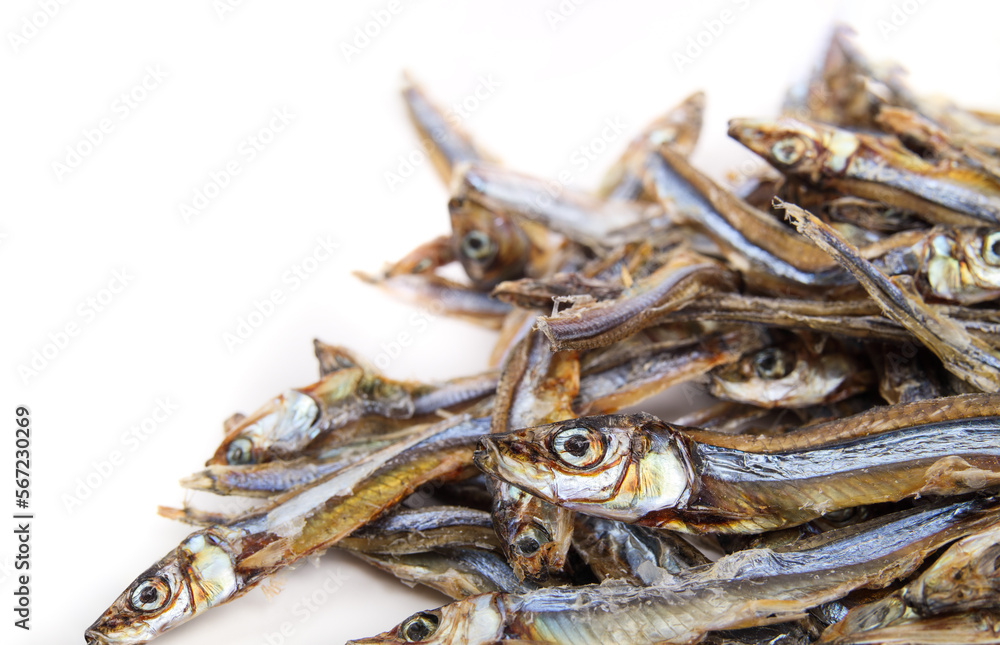 Pile of dried sardines for dogs and cats for treats. Many dehydrated