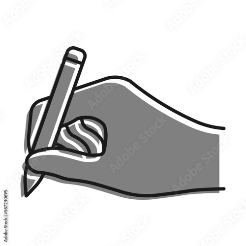 Linear filled with gray color icon. Ballpoint Pen In Hand Of Author. Signature On Paper From Writer Or Artist. Simple black and white vector Isolated On white background