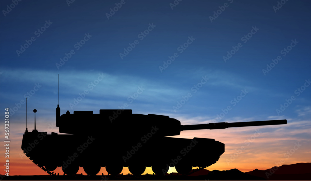Silhouette of a battle tank on a battlefield against the sunset. EPS10 vector