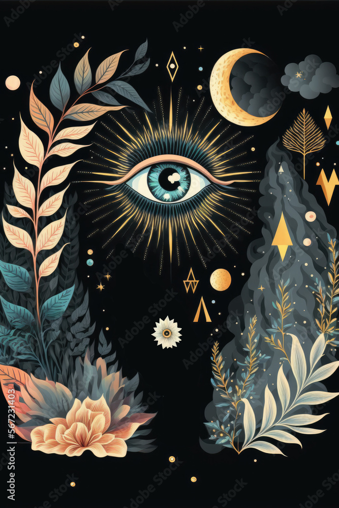 Fototapeta premium Illustrations of crystal, woman, eye, hand, plant, star for astrology, esoteric and horoscope. AI assisted finalized in Photoshop by me