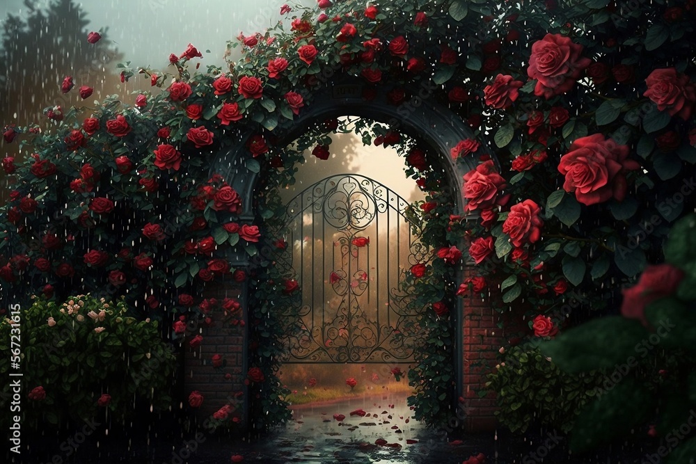 Red Roses Gate In a heavy rain,A large expanse of red roses is blooming brilliantly ...