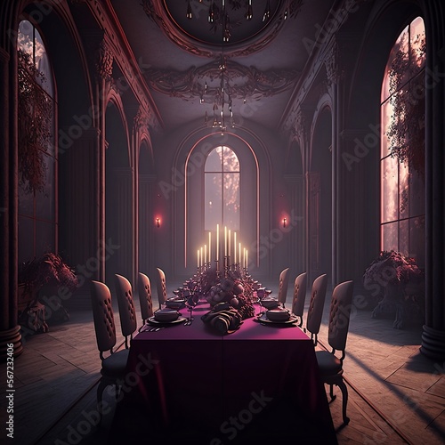 Concept of interior of a secret private castle. Table with chairs. 