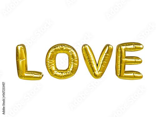 Love Golden Foil Balloon 3D rendering isolated on transparent background.