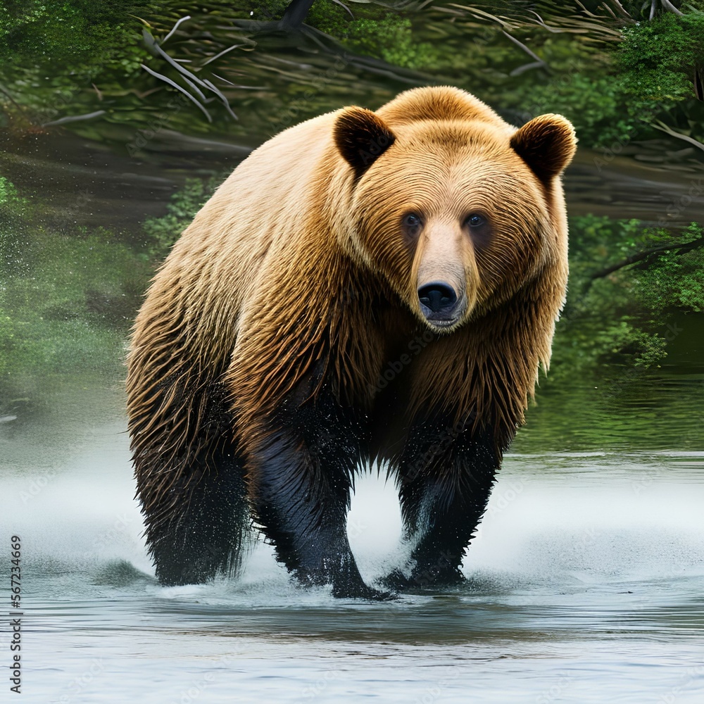 A powerful bear catching fish in a river, Generative AI A powerful bear catching fish in a river, Generative AI