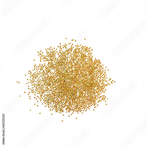 A pile of star-shaped golden glitter isolated