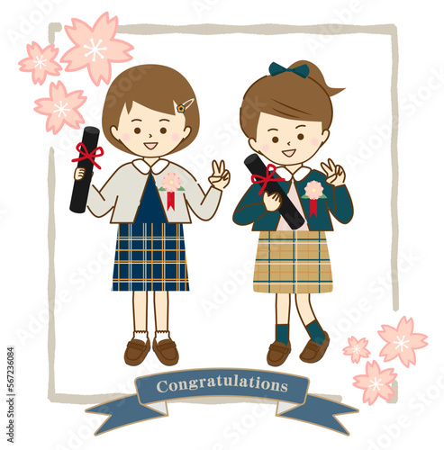 卒業式に友達と笑顔で記念写真を撮る女の子①(桜とリボンフレーム付き)