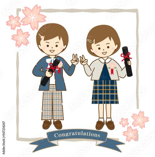 卒業式に友達と笑顔で記念撮影をする女の子③(桜とリボンフレーム付き)