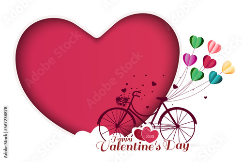 Valentine's Day greeting card with heart shaped balloons tied on a red bike. Big hearts isolated on white background. Vector