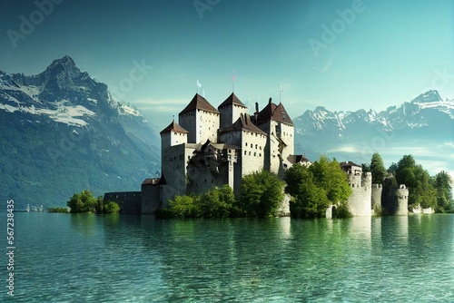 Photographie Impressive view of Chillon Castle on Lake Geneva, Switzerland