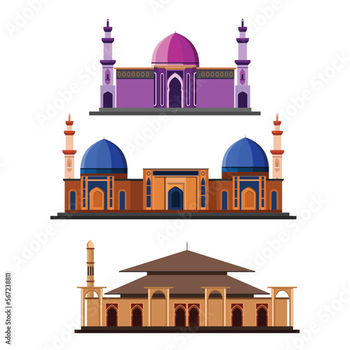 Vector illustration of sets architecture mosque buildings. Moslem authentic, modern and traditional prayer place and tower on white background