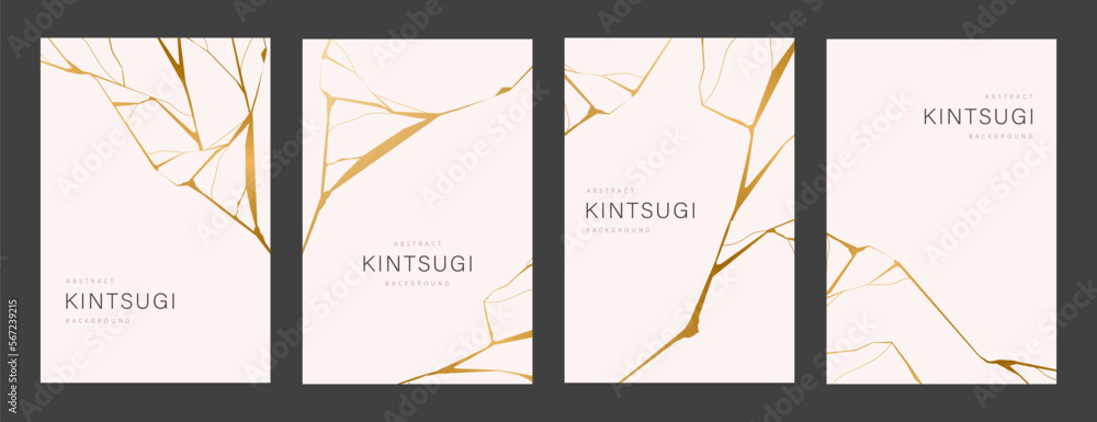 Set of gold kintsugi posters. Crack and broken effects. Marble texture. Luxury design for posters, wall art, wallpaper, wedding card, social media. Modern vector illustration. Japanese style.