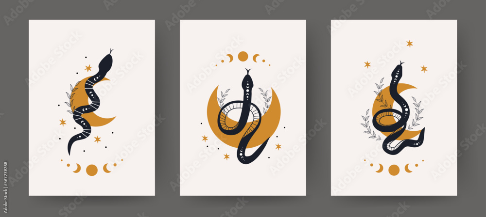 Set of posters with magic snakes and moons in boho style. Mystical symbols in a trendy minimalist style. Esoteric vector illustration.