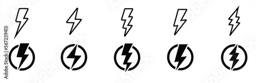 Lightning bolt icon set. Thunderbolt in the circle. Electric power symbol. Thunderbolt electric flashes sign. Vector illustration