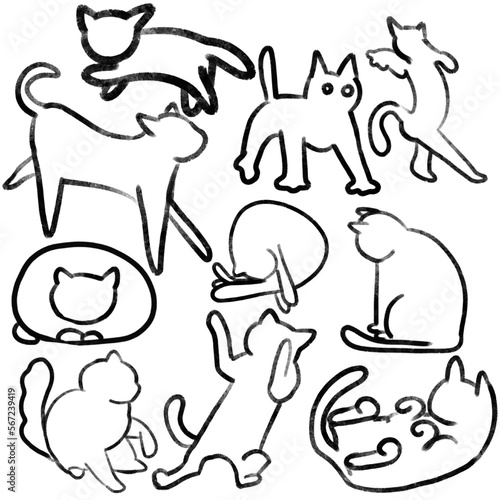 猫の線画イラストレーションセット、手描きのベクター
