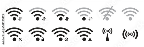 Wi-Fi icon. Wireless and Wi-Fi signal icon. Wifi and wireless signal icon symbol. Set of sign for connect of network. Wi-Fi signal strength with transparent background. Vector illustration.