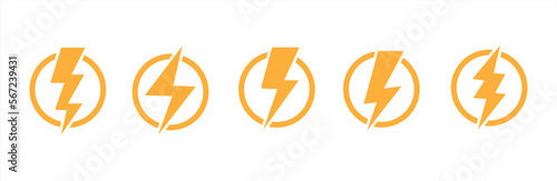 Lightning bolt icon set. Thunderbolt in the circle. Electric power symbol. Thunderbolt electric flashes sign. Vector illustration