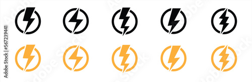 Lightning bolt icon set. Thunderbolt in the circle. Electric power symbol. Thunderbolt electric flashes sign. Vector illustration