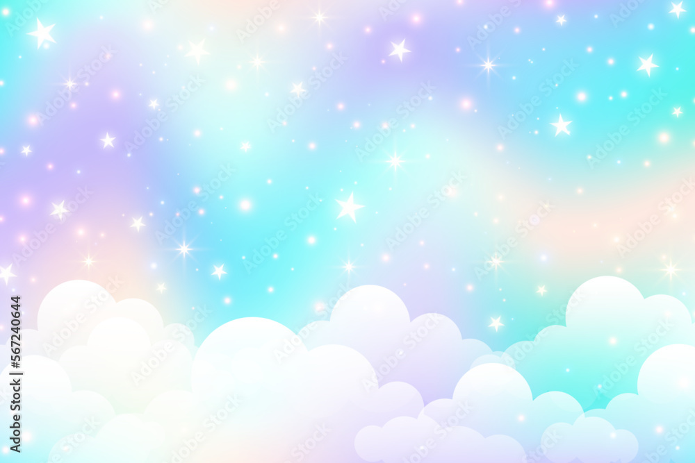 Obraz premium Holographic fantasy rainbow unicorn background with clouds and stars. Pastel color sky. Magical landscape, abstract fabulous pattern. Cute candy wallpaper. Vector.