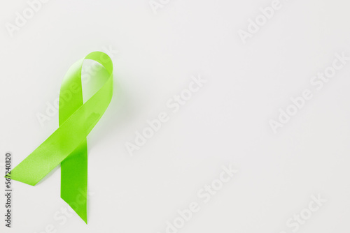 Green awareness ribbon of Gallbladder and Bile Duct Cancer month isolated on white background with copy space, concept of medical and health care support photo