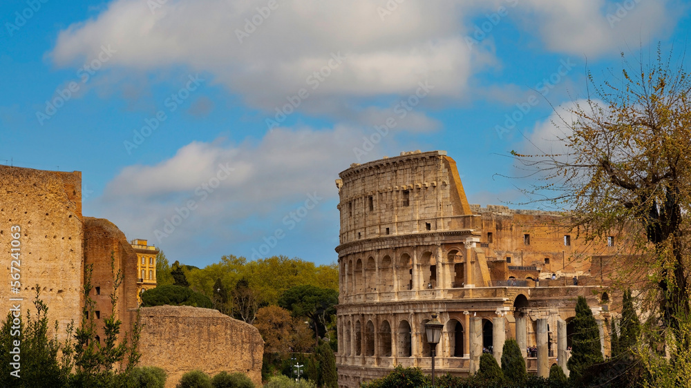 The famous of the Coliseum or Flavian Amphitheatre (Amphitheatrum Flavium or Colosseo) blue sky scene  at Rome, Italy.