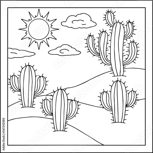design desert cactus landscape coloring page for kid