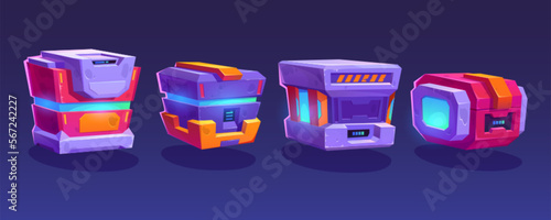 Game futuristic boxes, future technology chests. Icons of sci-fi equipment, loot boxes with electronic lock and display with neon light, vector cartoon illustration isolated on background