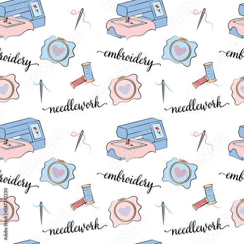 Embroidery pattern. Vector seamless background. Needlework illustrated elements. Various sewing tools on white background. Embroidey equipment, appliances, frame, threads, machine